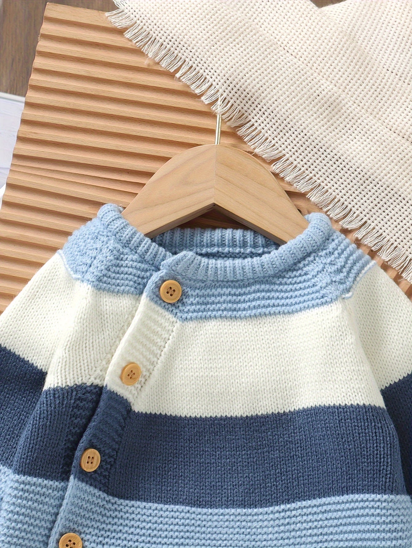 DOVFANNY Baby Boys' Striped Long-Sleeve Romper - Soft Acrylic Knit Jumpsuit with Button Front, Gray & Pink Horizontal Stripes, Perfect for Fall/Winter, Baby Boy Clothes, Fall Winter Apparel, Cozy Infantwear, Playful Infantwear, Durable Infantwear