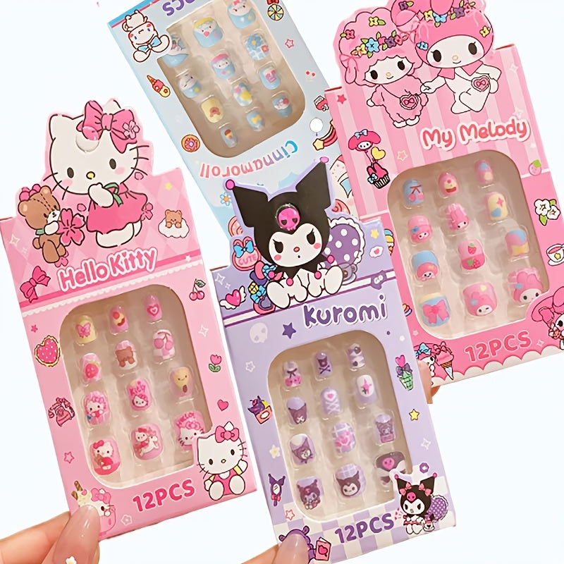 A Set of 6 Boxes Containing for hello kitty, Kurumi, Melody, for Cinnamoroll, for Pompompurin, And Pudding Dog Press-On Nail Kits, Featuring Full Coverage Short Square And Oval Fake Nail Tips, Totaling 72pcs (12pcs Per Box). Designed for Girls, with Vibra