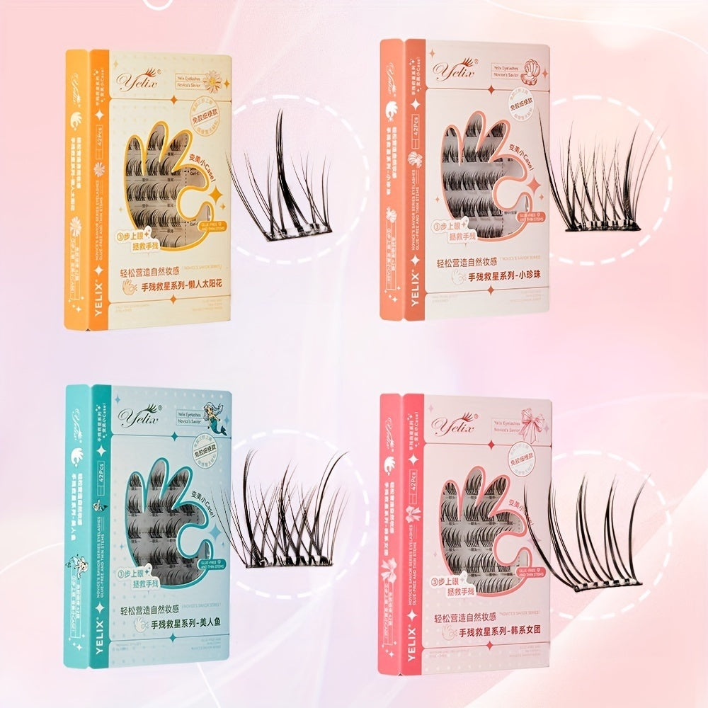 42 Clusters C/J Curl No Glue Needed Eyelash Extensions Handmade Grafting Individual False Eyelash Wispy Lashes Gift for Women & Girl