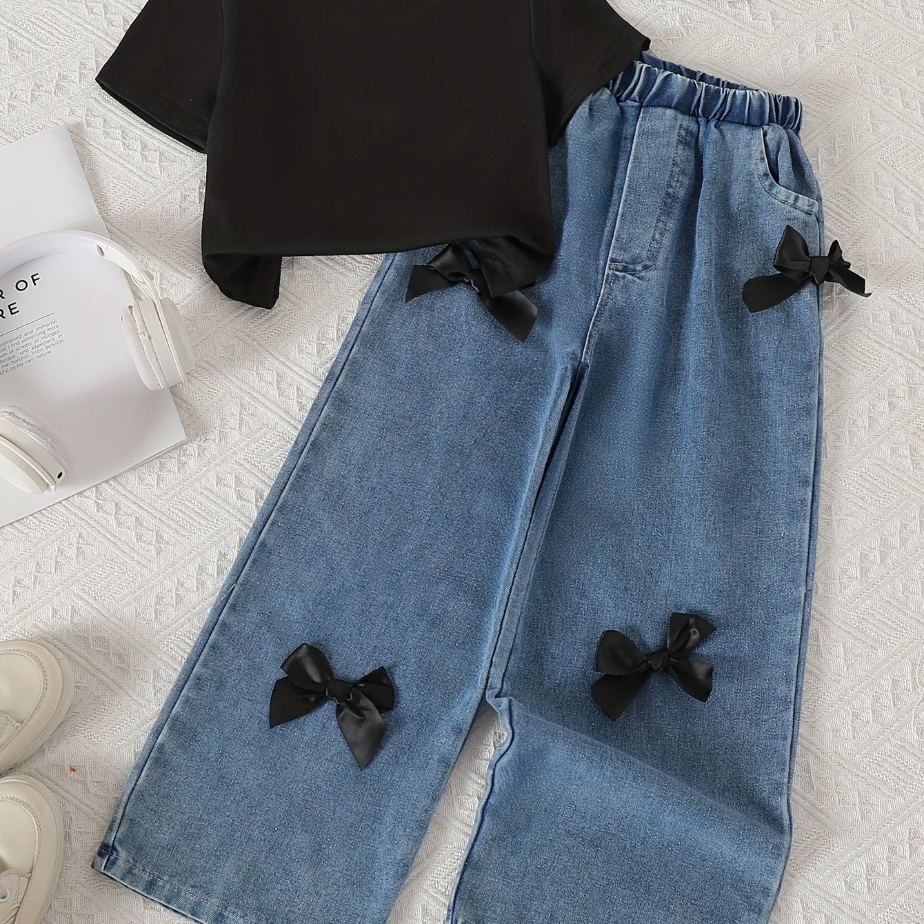 Girls' Pink Bow-Tie Denim Outfit - Short Sleeve T-Shirt & High-Waisted Pants with Adjustable Drawstring Waist, Soft Non-Stretch Fabric, Casual Spring Summer Fall Playwear, Denim Shorts for Girls, Spring Summer Clothing, Playful Design, Soft Fabric, Perfec