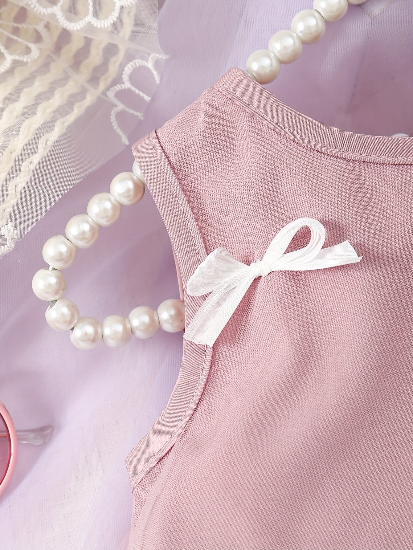 Girls' New Customized Light Pink Sleeveless Round Neck Tulle White Bow Pink Mesh Skirt Lace Casual Outdoor Dress