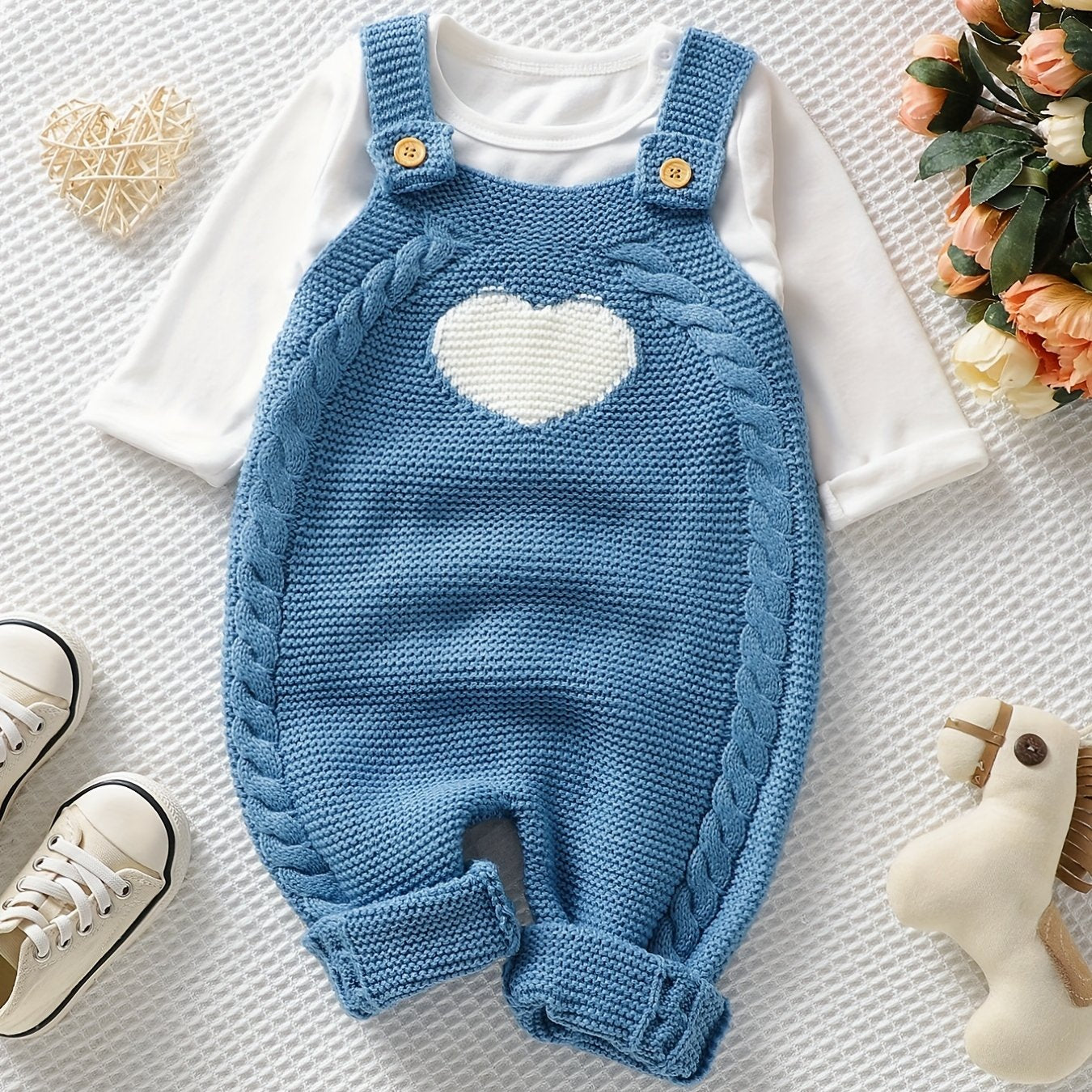 Unisex Bodysuit with Heart Jacquard Detail - Soft 100% Acrylic Square Neck Winter Outfit, Elastic Crotch & Snap Closure, Light Green Adorable Clothing for &, Perfect for Outdoor