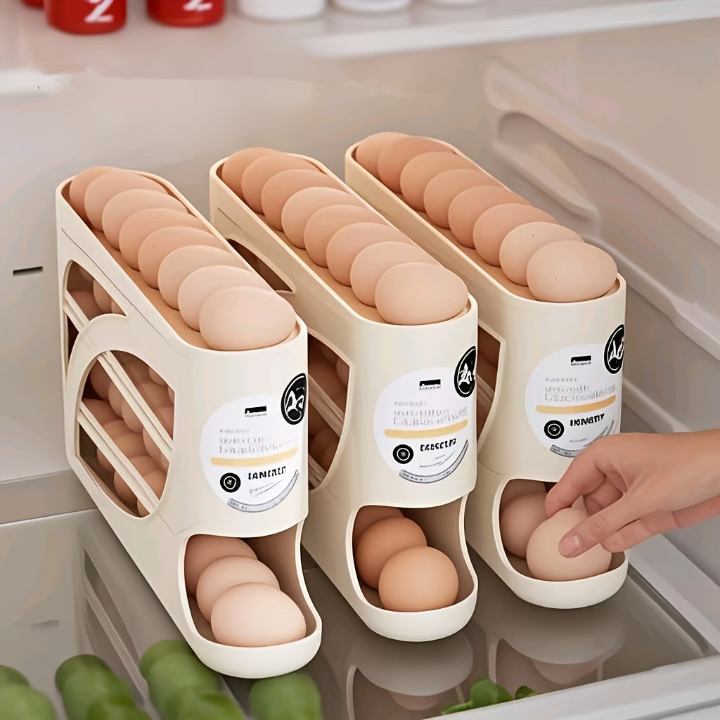 4-Tier Rolling Egg Holder - Space-Saving Side Door Design, Holds Up to 30 Eggs, Smooth Glossy Finish, Convenient Grip Handles, Ideal for Kitchen & Refrigerator Storage, Kitchen Organization | Modern Kitchen Accessory | Durable Plastic Holder,