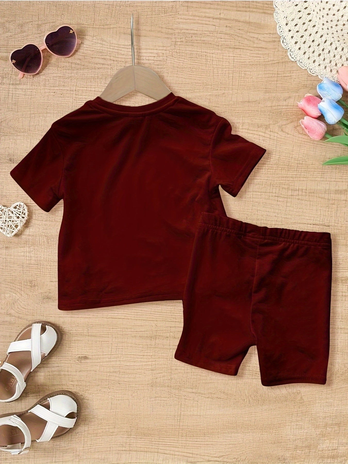Girls Summer Outfit, "Daddy'S Girl" Letter Print Knit Top and Shorts Set, Soft Comfortable Casual Polyester 95% with 5% Elastane, Slight Stretch, Round Neck, Short Sleeve - Fashion Clothing, for Outdoor