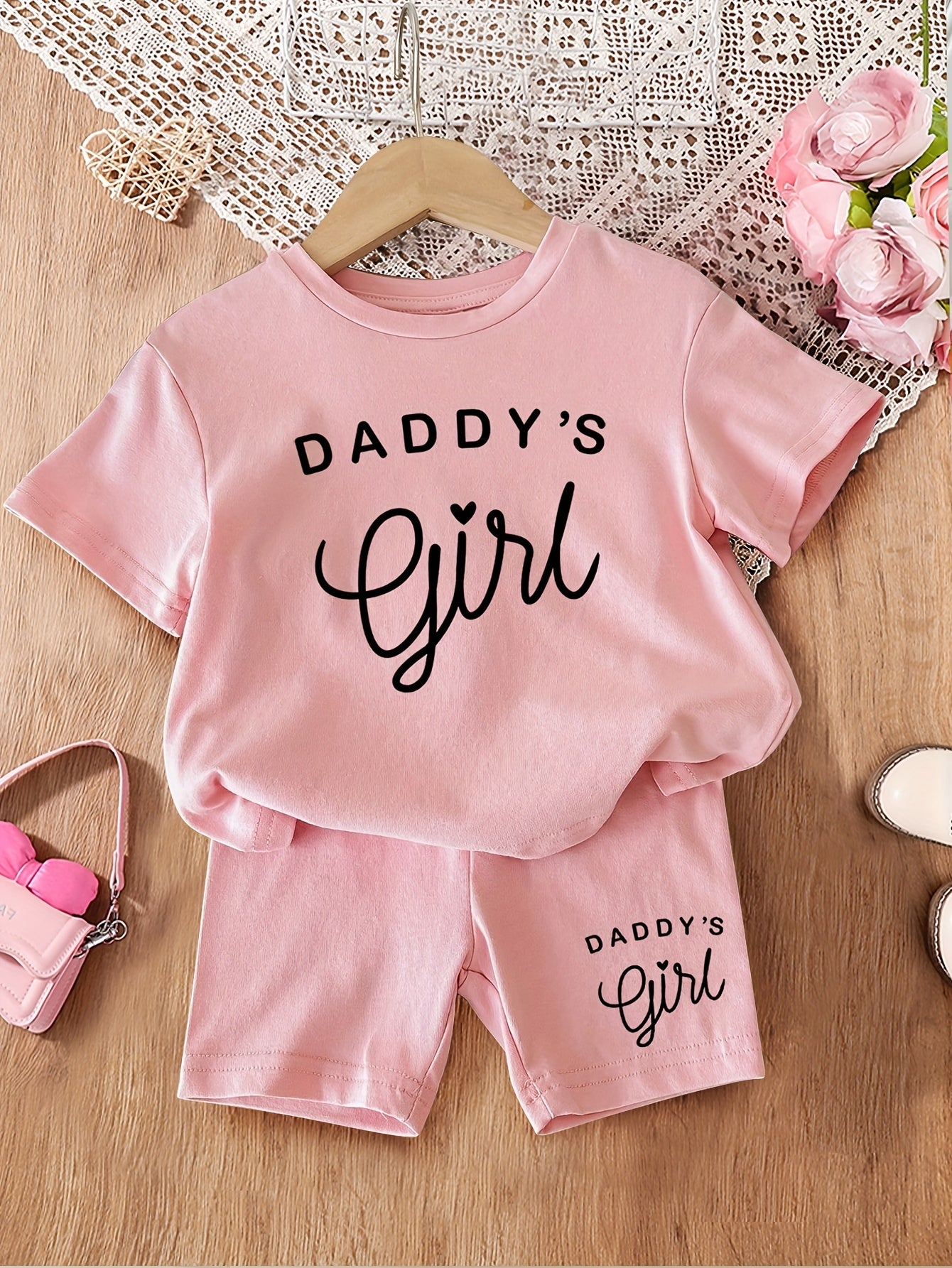Girls Summer Outfit, "Daddy'S Girl" Letter Print Knit Top and Shorts Set, Soft Comfortable Casual Polyester 95% with 5% Elastane, Slight Stretch, Round Neck, Short Sleeve - Fashion Clothing, for Outdoor