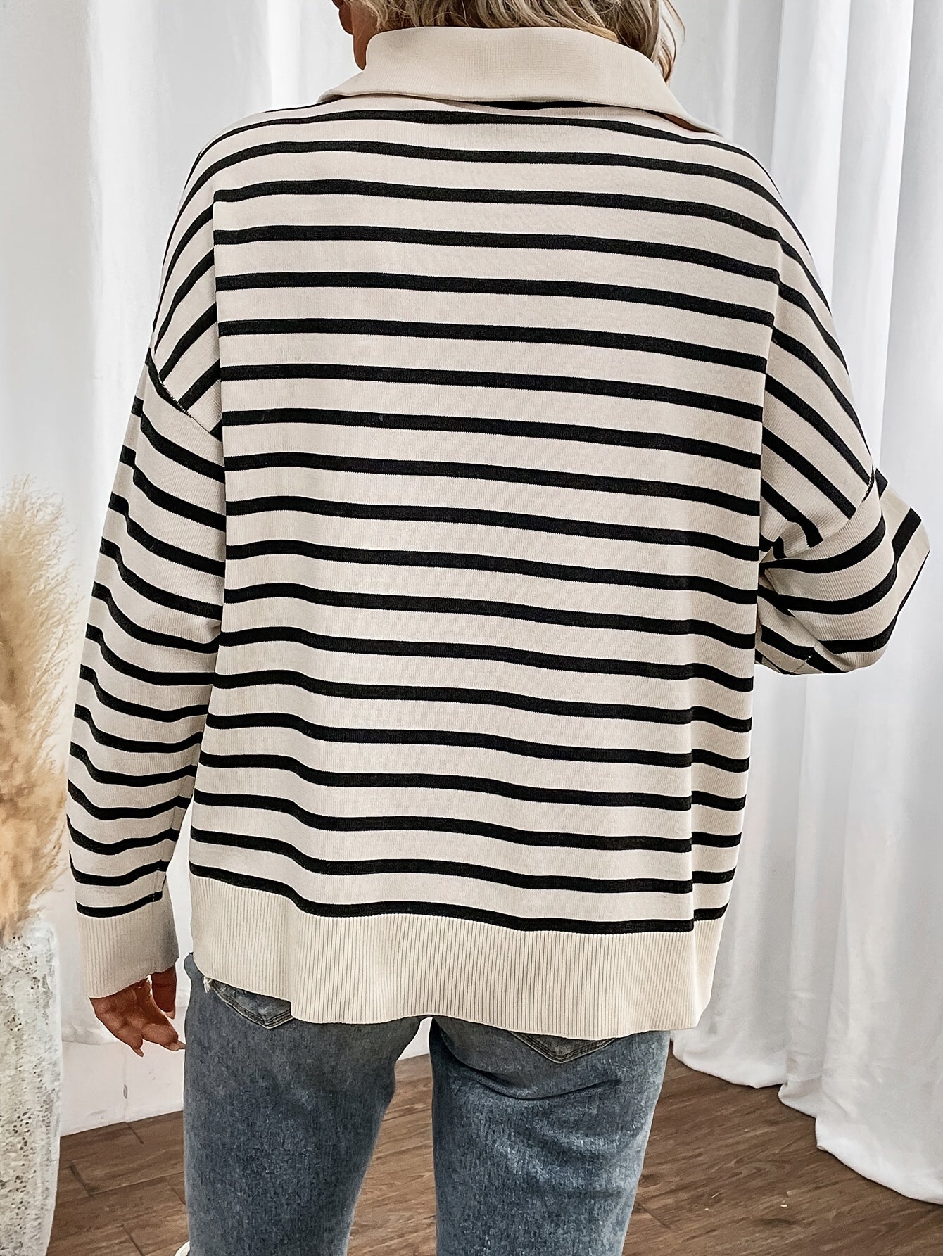 Long Sleeve Stripe Zip Up Collared Elegant Sweater for Fall & Winter, Women's Clothing, Drop Shoulder