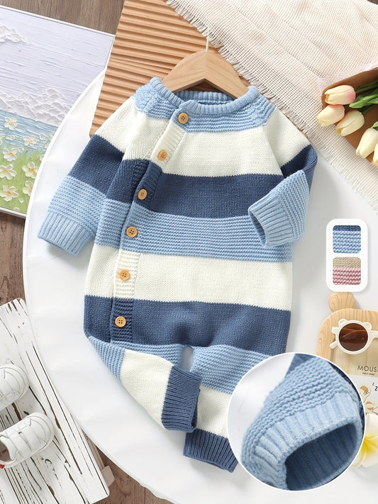 DOVFANNY Baby Boys' Striped Long-Sleeve Romper - Soft Acrylic Knit Jumpsuit with Button Front, Gray & Pink Horizontal Stripes, Perfect for Fall/Winter, Baby Boy Clothes, Fall Winter Apparel, Cozy Infantwear, Playful Infantwear, Durable Infantwear