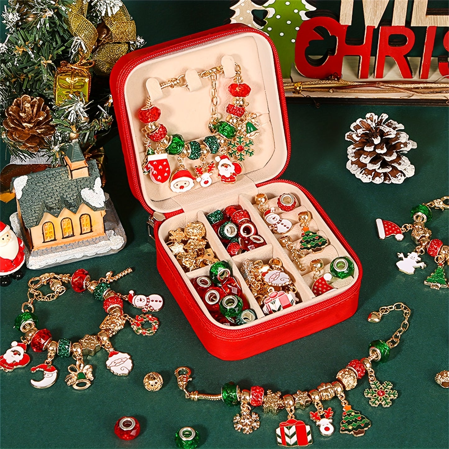 DIY Christmas Gift Set for Women: Elegant Red Green Series Christams Charm Bracelet Making Kit with Beads Jewelry