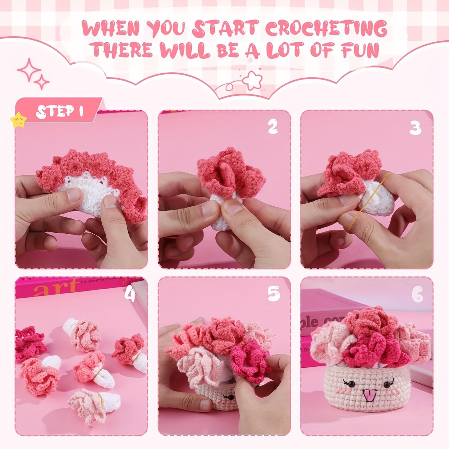 Crochet Set for Making Coasters Shaped Like Potted Plants, Complete with Video Guides And Crochet Hooks for Grown-Ups.