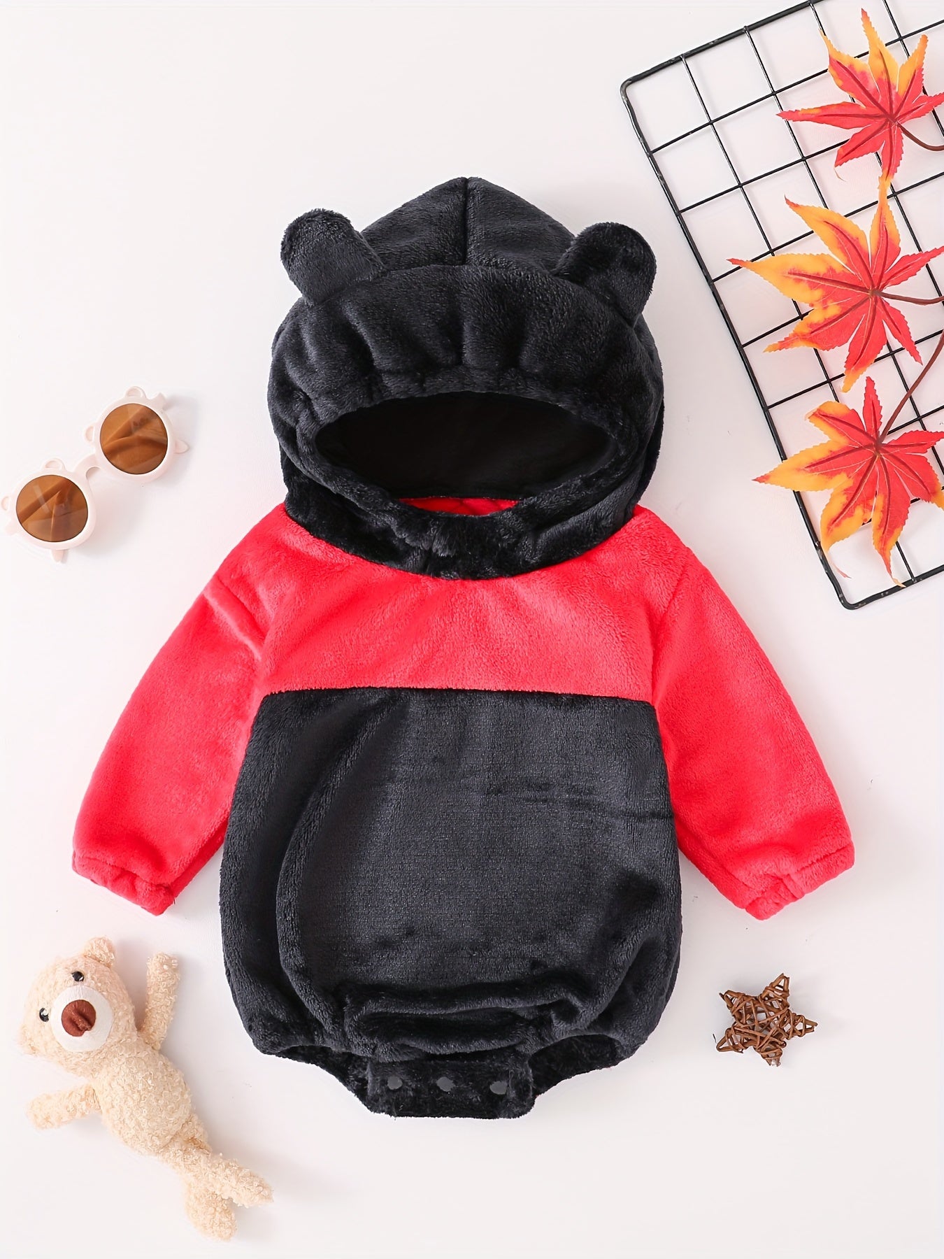 Baby's Cute Bear Character Themed Warm Fuzzy Hooded Long Sleeve Bodysuit, Toddler & Infant Girl's Onesie For Spring & Fall Outdoors