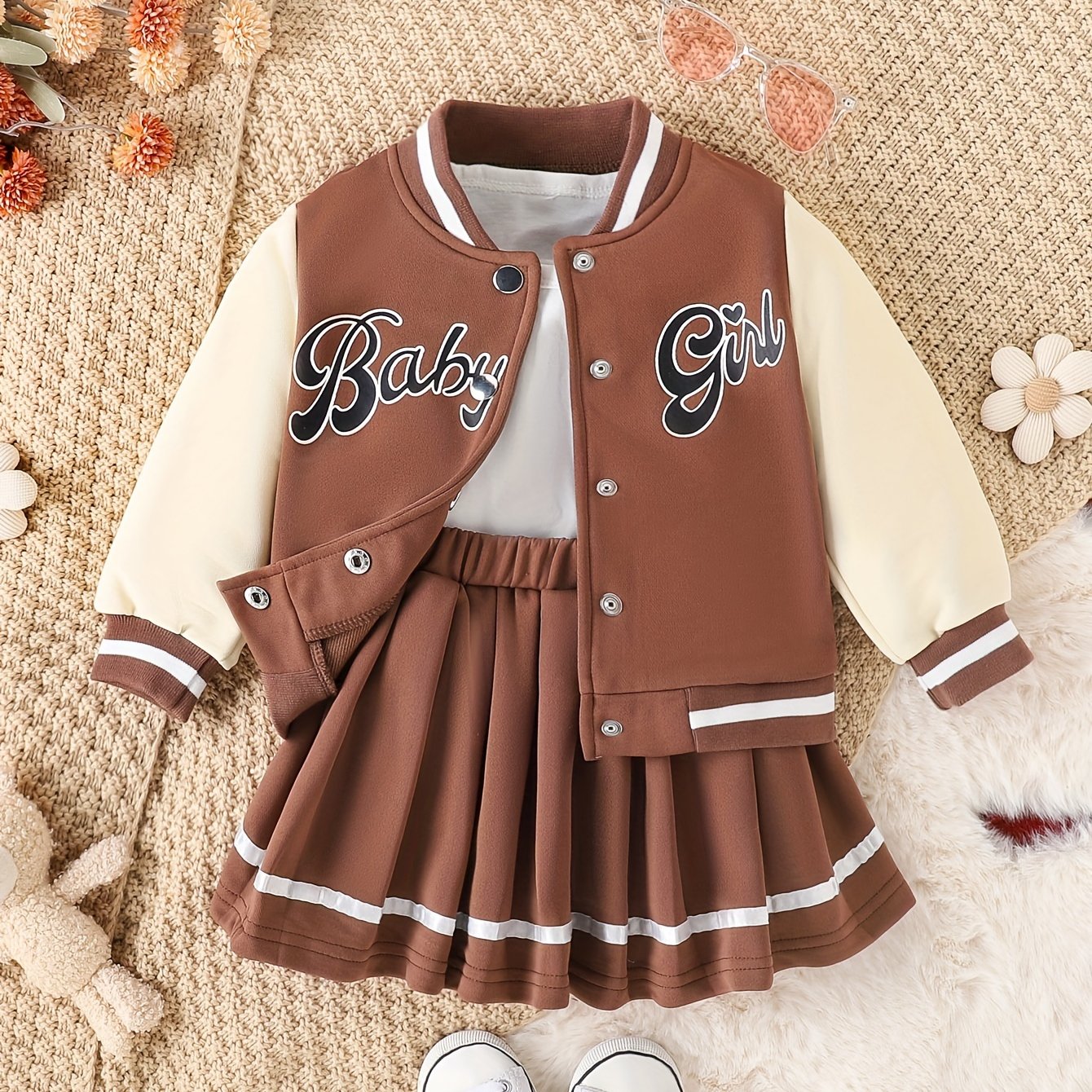 Girls' American Style Patchwork Baseball Jacket & Preppy Pleated Skirt Set, Long Sleeve Crew Neck with Alphabet Applique, Knee-Length Regular Fit for Fall/Winter, Perfect for Outdoor