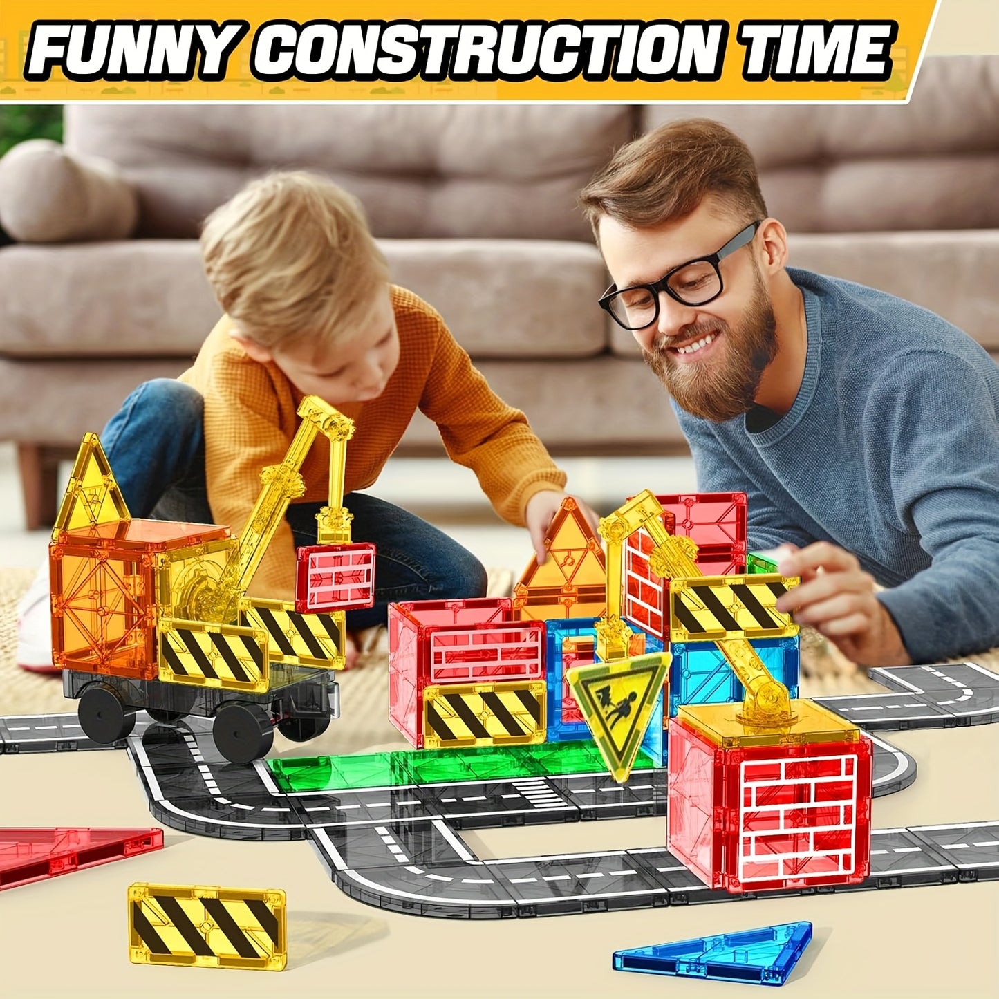 Magnetic Tiles Road Set with Magnet Crane Car Toys, Magnetic Building Blocks STEM Toys Creativity And Learning Construction Toys for Kids Age 3-6 Birthday Christmas Gifts (Random Color)