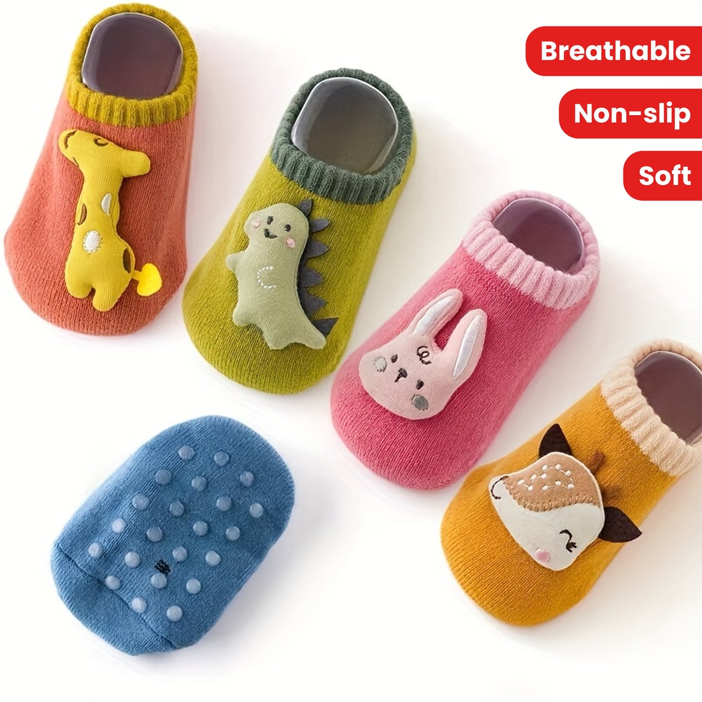 3 Pairs Of Baby Boy's Cartoon Animal Dino Decor Bottom Rubber Non-slip Sports Socks, Comfy Breathable Soft Socks For Babies Wearing