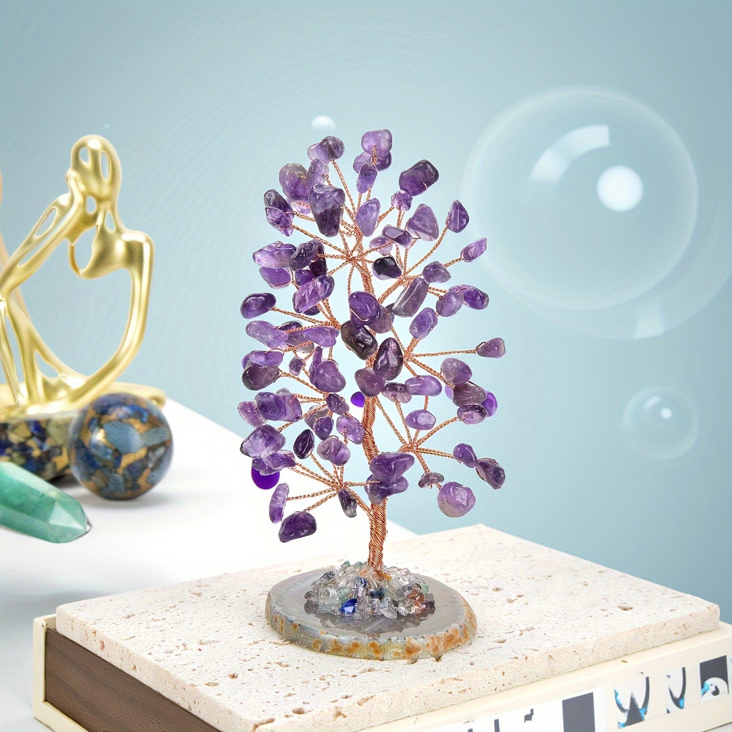 Natural Amethyst Tree of Life, Crystal Tree with Agate Base, Handmade Gemstone Tree Desktop Decoration, Lucky Money Tree Bonsai, Home Decoration, Spiritual and Mysterious Gift