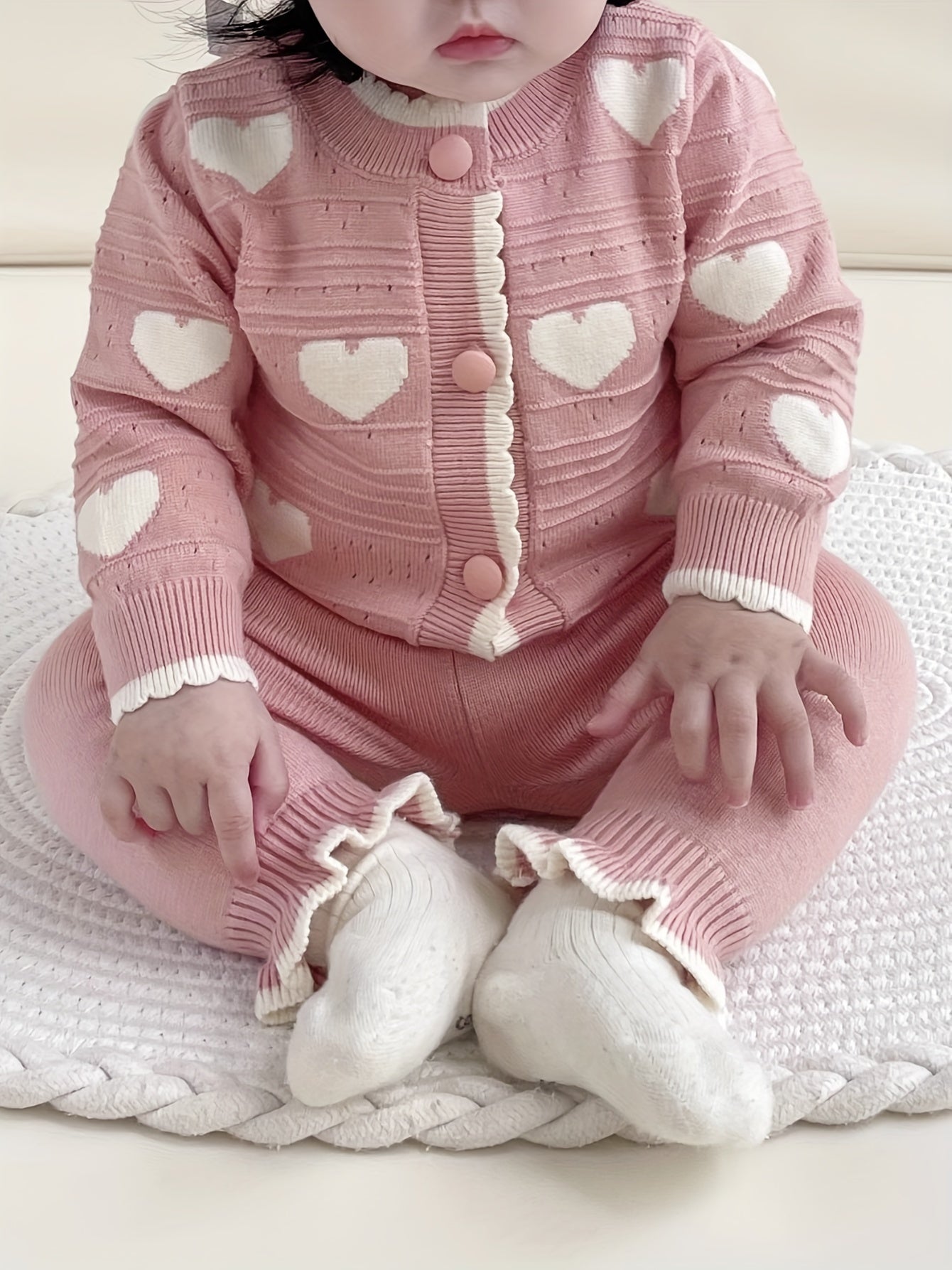 Newborn Baby Clothes Spring/Autumn Set for Girls with Heart Open Cardigan and Hollow Out Sweater Jacket Knit Pants Two-Piece Suit, Perfect for Outdoor