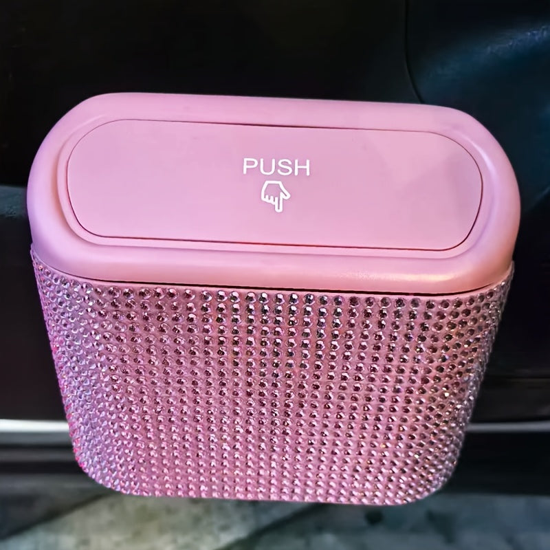Artificial rhinestone inlaid car trash can, car interior hanging storage bin automatic lid trash can bag multi-functional mother car accessories