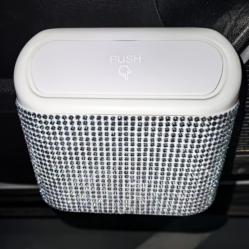 Artificial rhinestone inlaid car trash can, car interior hanging storage bin automatic lid trash can bag multi-functional mother car accessories