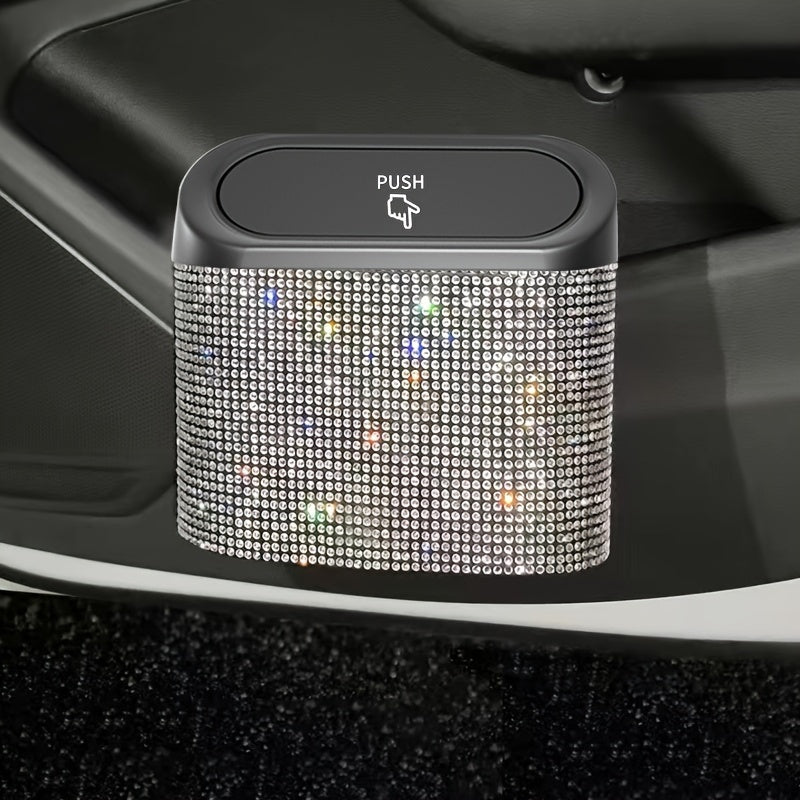 Artificial rhinestone inlaid car trash can, car interior hanging storage bin automatic lid trash can bag multi-functional mother car accessories
