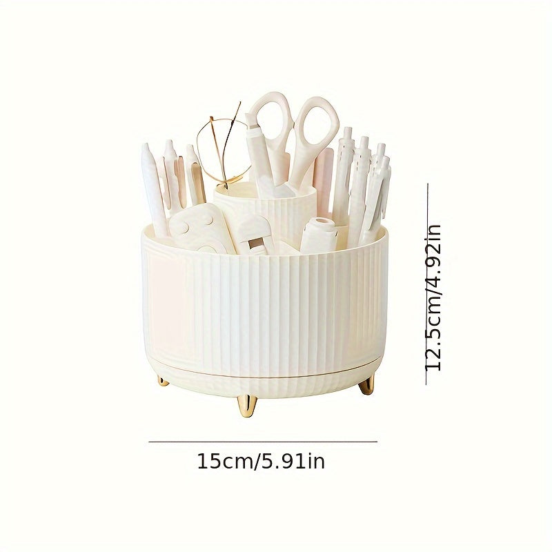 Round Multi-Compartment Rotating Pen Holder - Plastic Desk Organizer for Office Supplies and Cosmetics