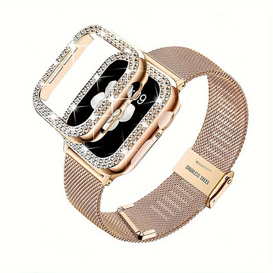 Dial Milan + Diamond Shell Golden Black Rose Golden Breathable Stainless Steel Braided Mesh Metal Strap Adjustable Suitable for iWatch series se s9 8 7 6 5 4 3 2 1 Series 2pcs Combination High-end Luxury Anti-collision Anti-scratch PC Hard Material Inlaid