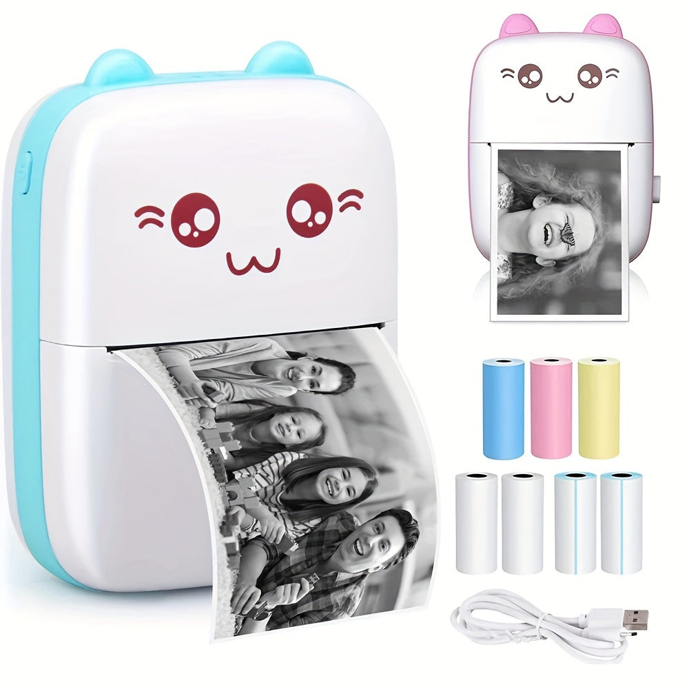 Compact Portable Wireless Mini Thermal Printer with Cute Cat Design, 200Dpi, USB Rechargeable, Photo & Label Printing, Includes USB Cable & Inkless Kit, Ideal for Travel & Home Use, Photo Printing | Wireless Connectivity | USB Rechargeable Printer