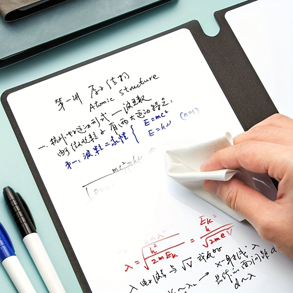 A5 Reusable Whiteboard Notebook with Faux Leather Cover - Portable Weekly Planner, Math Formulae & Illustrations Erase Cleanly, Includes Pen & Cloth, Ideal for Office & School, Notebooks for School