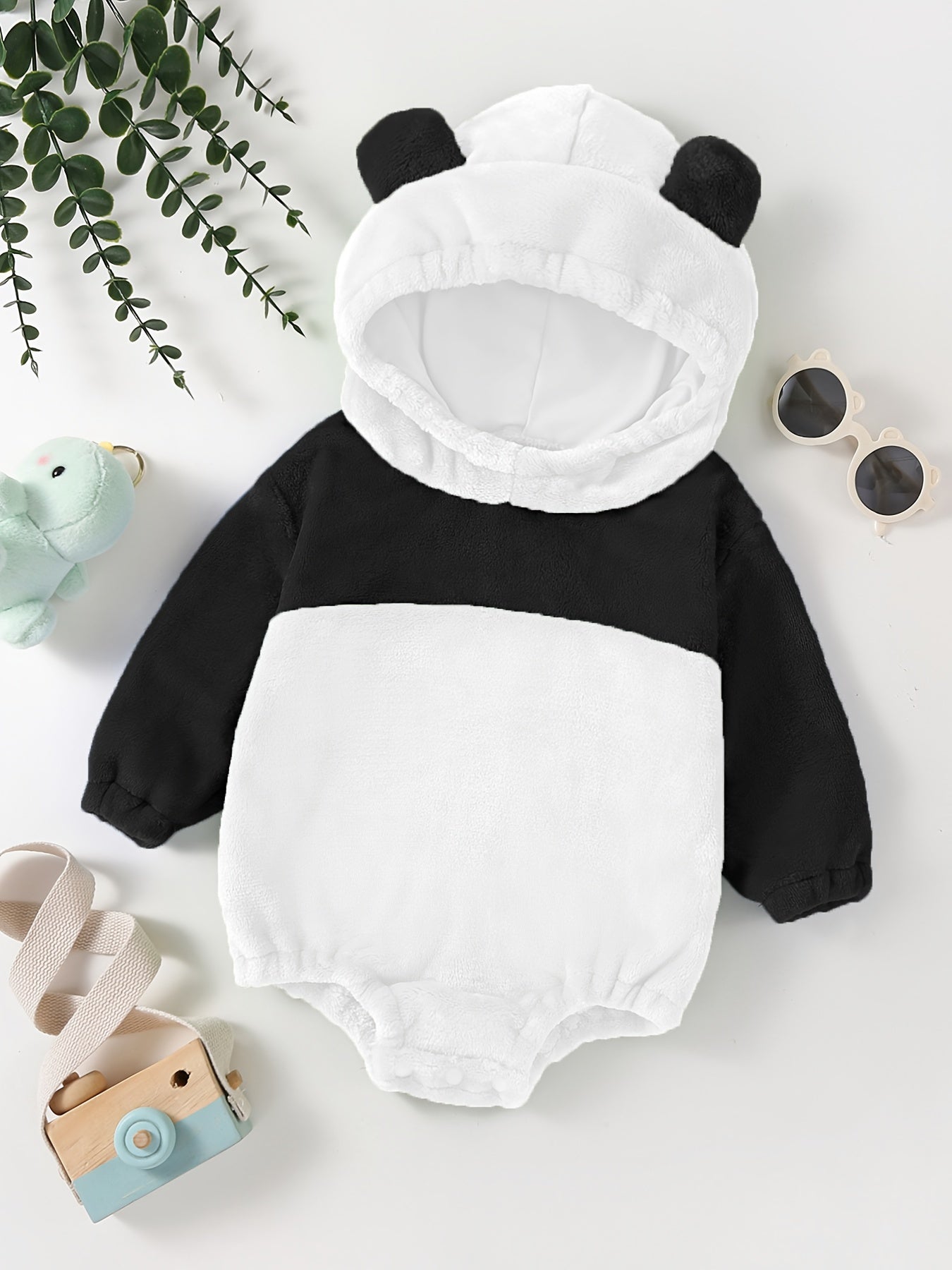 Baby's Cute Bear Character Themed Warm Fuzzy Hooded Long Sleeve Bodysuit, Toddler & Infant Girl's Onesie For Spring & Fall Outdoors