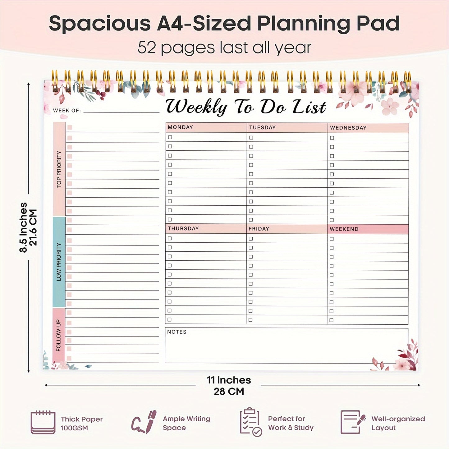 Weekly Planner Pad - Undated 52 Page Spiral or Glue Bound To-Do List, 8.5" x 11" Desk Task Planner for Work & Personal Organization