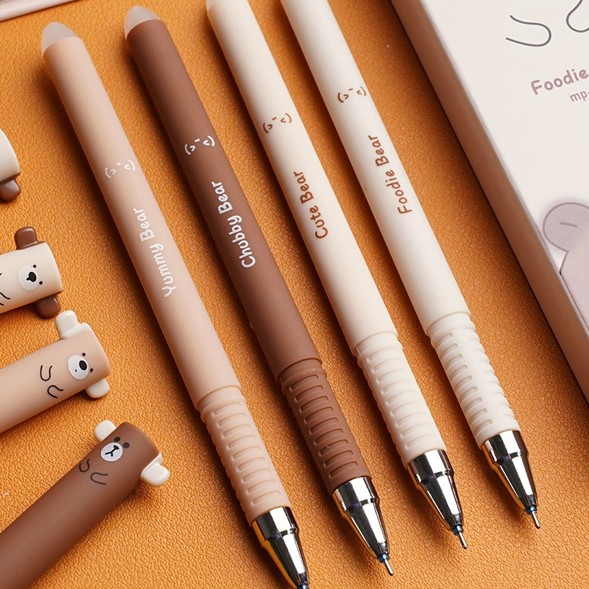 Four Small Bear Erasable Pens, Coffee Bear Neutral Pen, Cartoon Heat Erasable Mocha High-Temperature Disappearing Pen