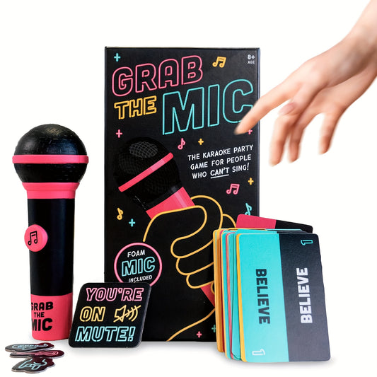 Grab the Mic - The Karaoke Party Game for 2-10 Players, 250 Lyric Cards, Pink & Black Microphone Design, Ideal for Family Game Nights & Birthday Parties, Family Entertainment|Playful Design|Fun Game Night, Karaoke Party Supplies