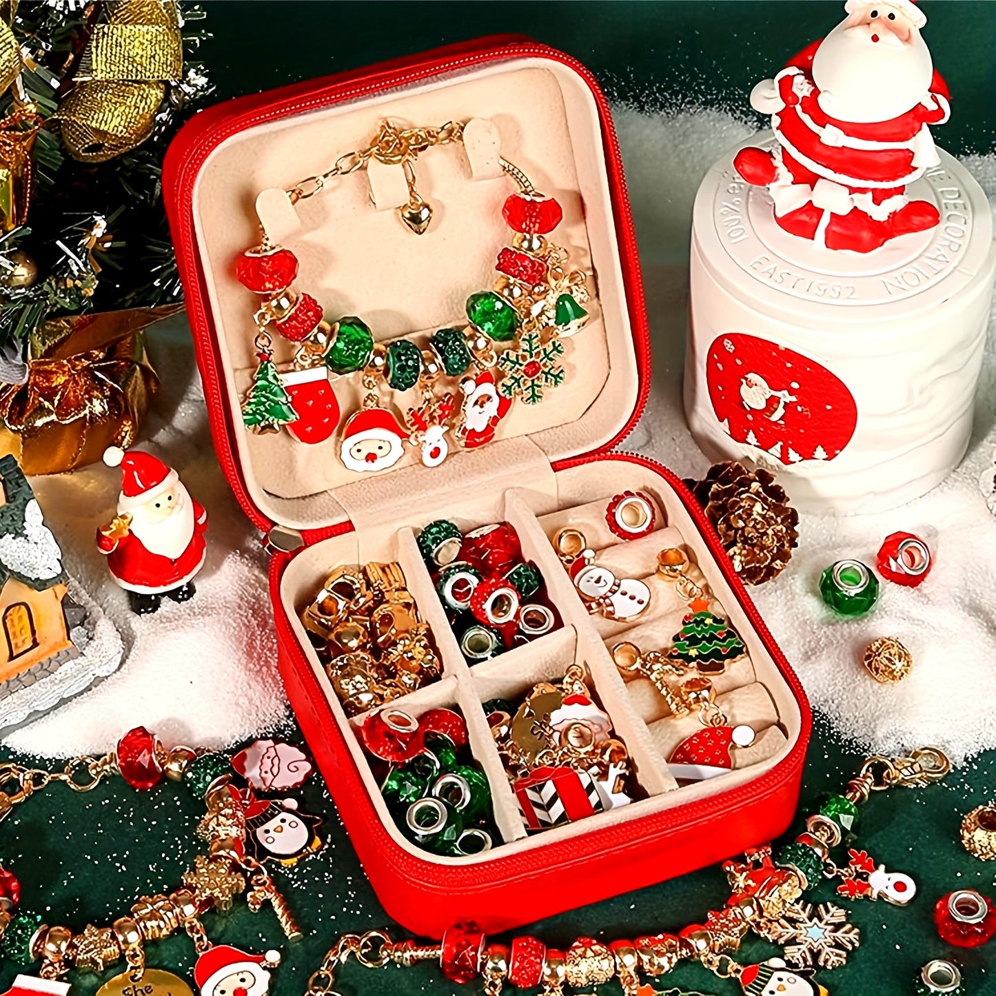 DIY Christmas Gift Set for Women: Elegant Red Green Series Christams Charm Bracelet Making Kit with Beads Jewelry