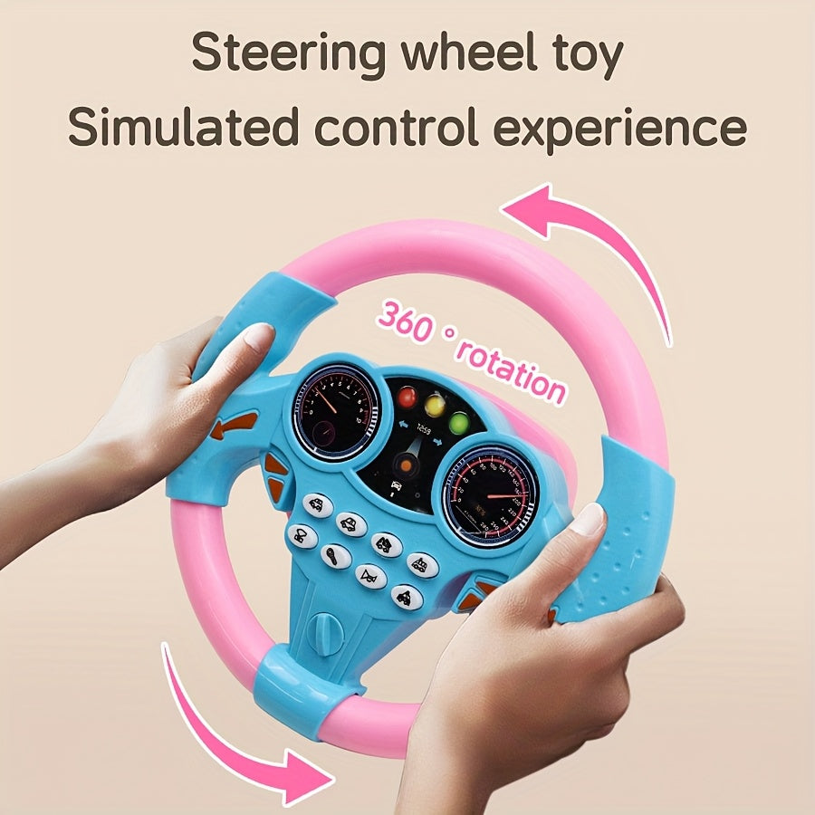 Kids Driving Simulator Steering Wheel Toy with Suction Cups, Interactive Car Wheel for Educational Play, Plastic Material, Multi-Functional with Sound Effects, Gift for Children - Pink & Yellow