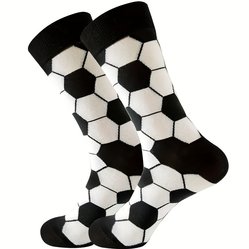 4 Pairs Kids Socks, Black and White Soccer Pattern, Polyester 80%, Elastane 20%, All-Season Knit Fabric, Mid-Calf Striped Plaid, Hand Washable, Trendy Sports Style for Boys and Girls