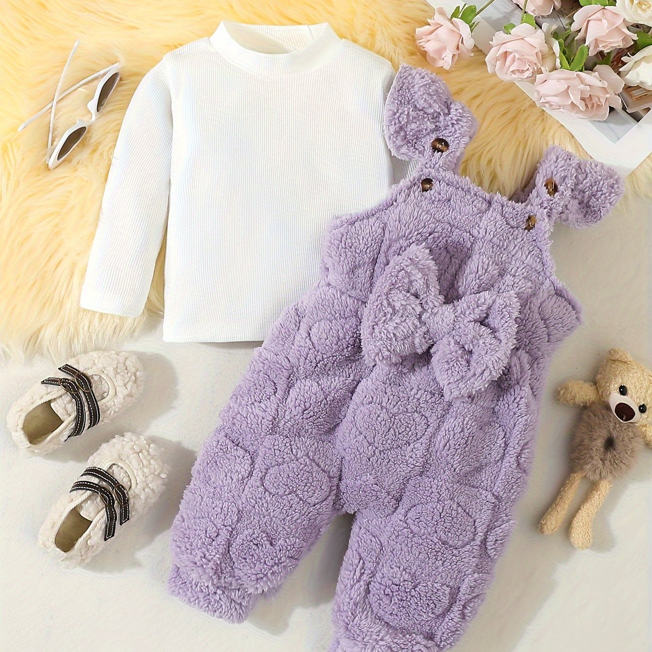 Adorable 2pcs Girls' Outfit Set - Cozy Long Sleeve Top & Heart Pattern Fleece Overalls with Bow Detail, Machine Washable, Perfect for Outdoor