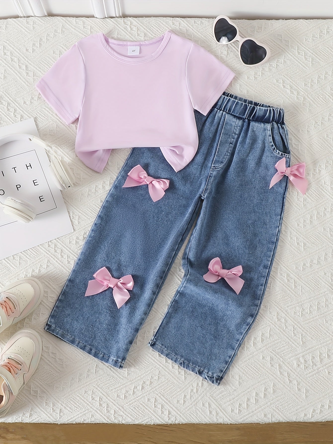 Girls' Pink Bow-Tie Denim Outfit - Short Sleeve T-Shirt & High-Waisted Pants with Adjustable Drawstring Waist, Soft Non-Stretch Fabric, Casual Spring Summer Fall Playwear, Denim Shorts for Girls, Spring Summer Clothing, Playful Design, Soft Fabric, Perfec