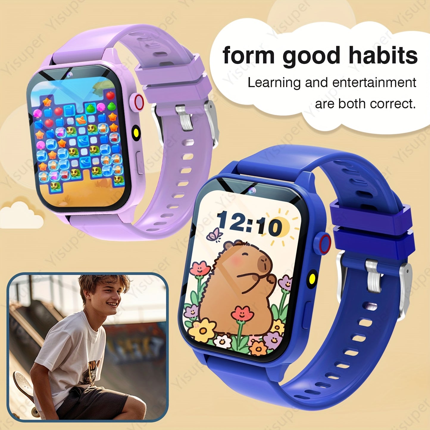 Kids Smart Game Watch with Camera, Photo Album, VCR, 18 Built-In Games, Calculator, Calendar, LED Lights - Black Silicone Strap, Rechargeable Lithium Battery, Perfect Holiday Gift for Children, Holiday Gift Idea|Playful Design|Durable Watchband, Kids' Acc