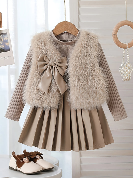 Spring and Autumn New Fashionable Cute Elegant Artistic Design, Exquisite Three-Dimensional Bow Decoration Door Opening Sleeveless Fleece Jacket + Solid Color Slim Fit Round Neck Solid Color Versatile Long Sleeve Top + Matching Pleated Skirt. Suitable for