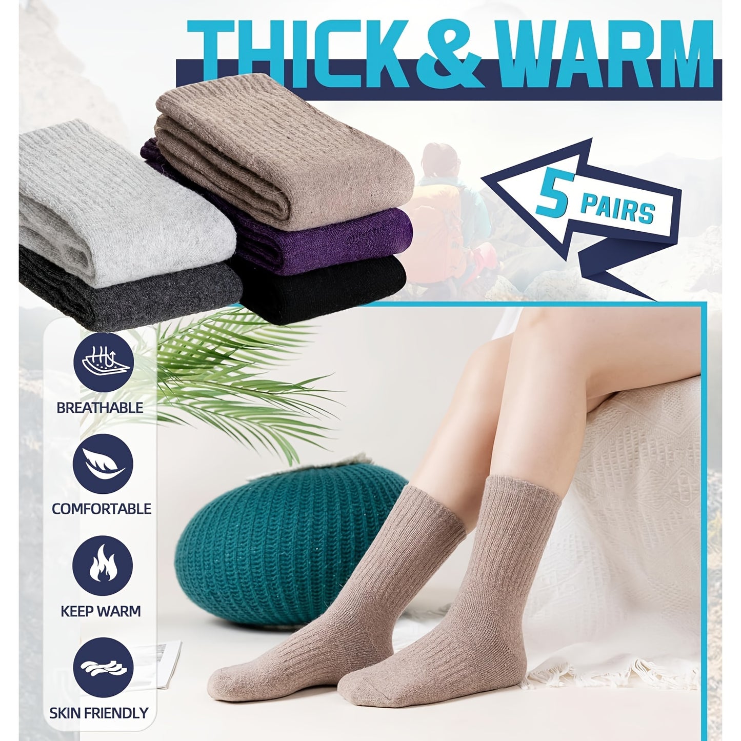 5 Pairs Merino Wool Hiking Socks, Thermal Warm Winter Thick Cushion Moisture Wicking Crew Boot Socks for Women, Perfect for Cold Weather, Winter Warm Essentials