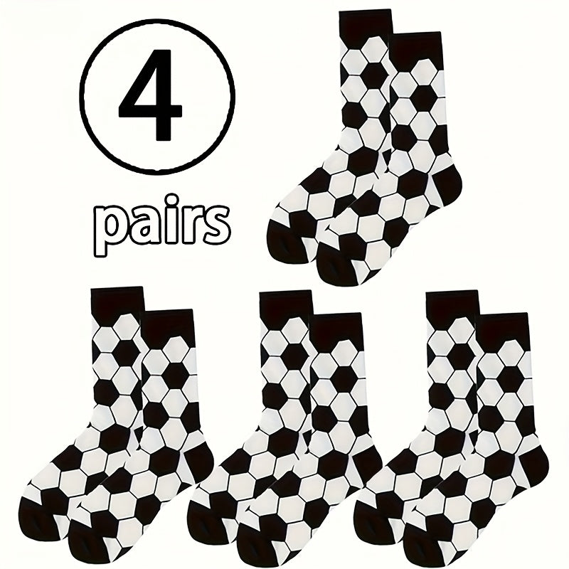 4 Pairs Kids Socks, Black and White Soccer Pattern, Polyester 80%, Elastane 20%, All-Season Knit Fabric, Mid-Calf Striped Plaid, Hand Washable, Trendy Sports Style for Boys and Girls