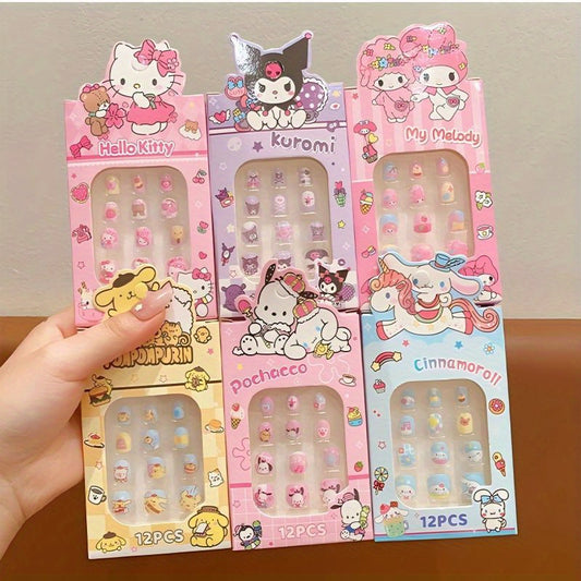 A Set of 6 Boxes Containing for hello kitty, Kurumi, Melody, for Cinnamoroll, for Pompompurin, And Pudding Dog Press-On Nail Kits, Featuring Full Coverage Short Square And Oval Fake Nail Tips, Totaling 72pcs (12pcs Per Box). Designed for Girls, with Vibra