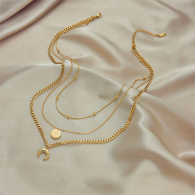 Stainless Steel Golden 3 Layer Shine Crescent Moon Pendant Necklace Women Trend Chain Neck Jewelry Gift, Gift for Eid, Ramadan