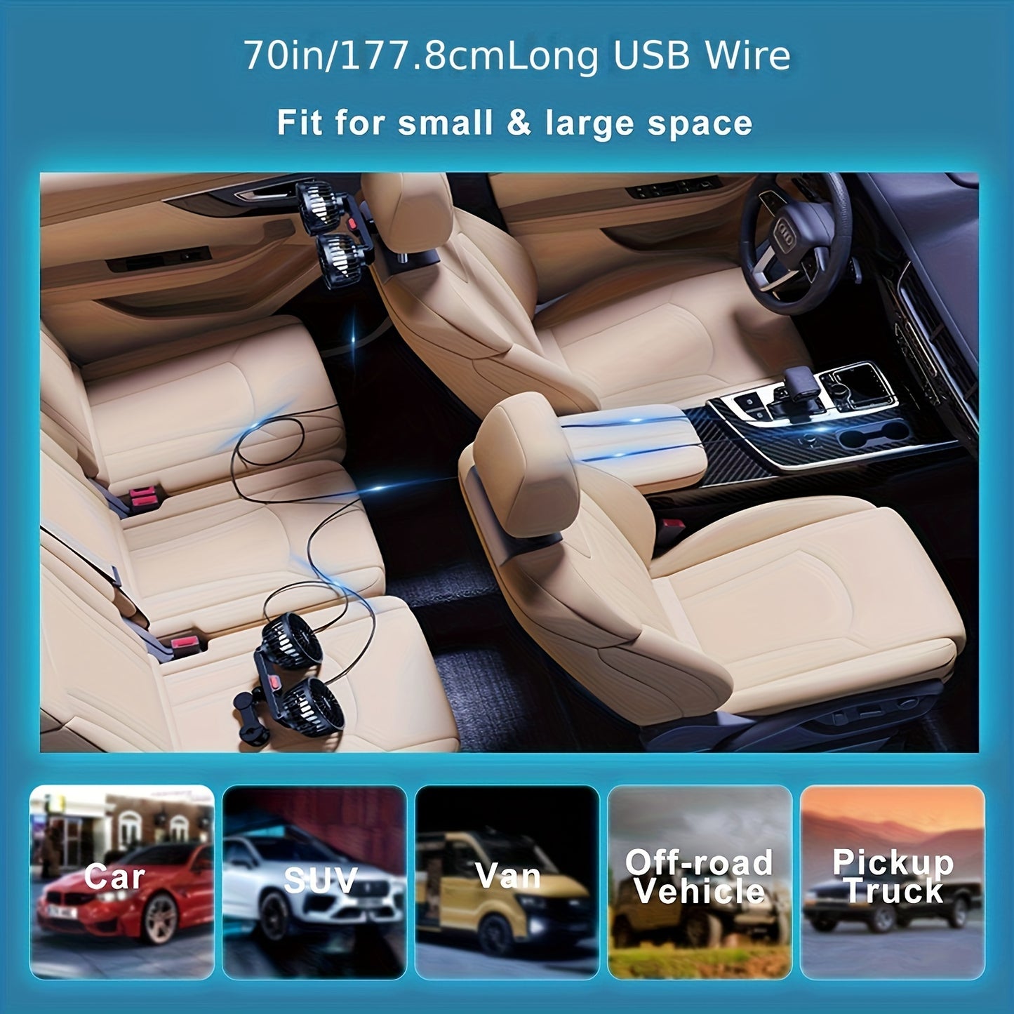 Car-Mounted Fan, Small Car Air Conditioner, Dual Fans, Vehicle Ventilator, Automotive Mini AC, Dual-Head Rear Fan, Powerful Windflow, 5 Blades, 360° Rotation, Ultra-Quiet Operation, Easy Clip Installation, Foldable for Underheadrest Storage, Detachable fo