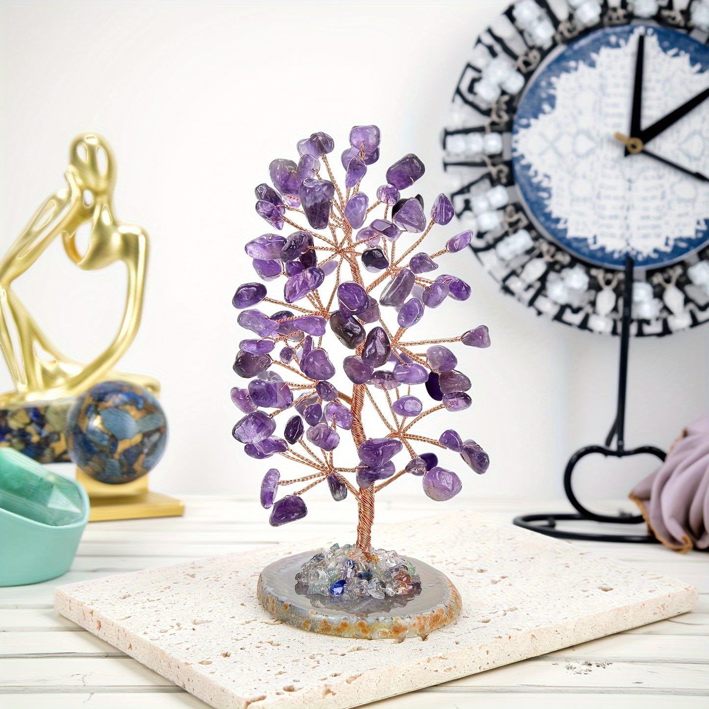 Natural Amethyst Tree of Life, Crystal Tree with Agate Base, Handmade Gemstone Tree Desktop Decoration, Lucky Money Tree Bonsai, Home Decoration, Spiritual and Mysterious Gift