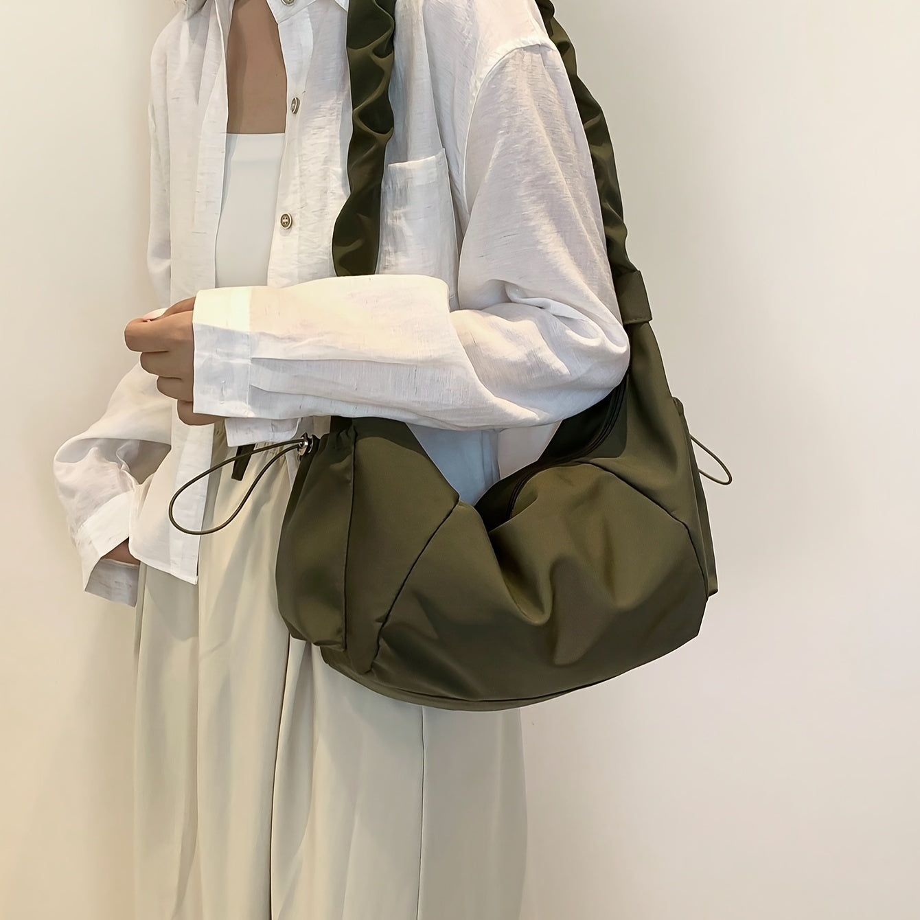 Nylon Crossbody Bag with Multi-Pocket, Pleated Design, Lazy Comfort, Zipper Closure, Casual Shoulder Bag