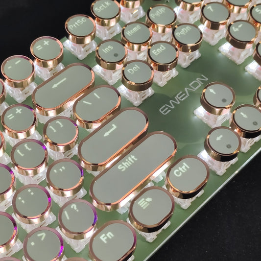 EWEADN Punk Typewriter Mechanical Gaming Keyboard, All-Metal Panel 104Keys Wired Retro Punk Round Keycaps with LED Backlit USB Wired Keyboards, Multimedia knob, Ergonomic Design for Game and Office, for Windows Laptop PC Green Peripherals