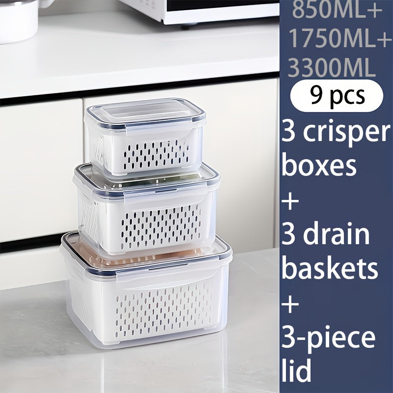 9pcs BPA-Free Plastic Food Storage Container Set with Drain Basket and Lids - Leak-Proof, Refrigerator Safe, Reusable Multifunctional Kitchen Organizer for Fruits, Vegetables and Food