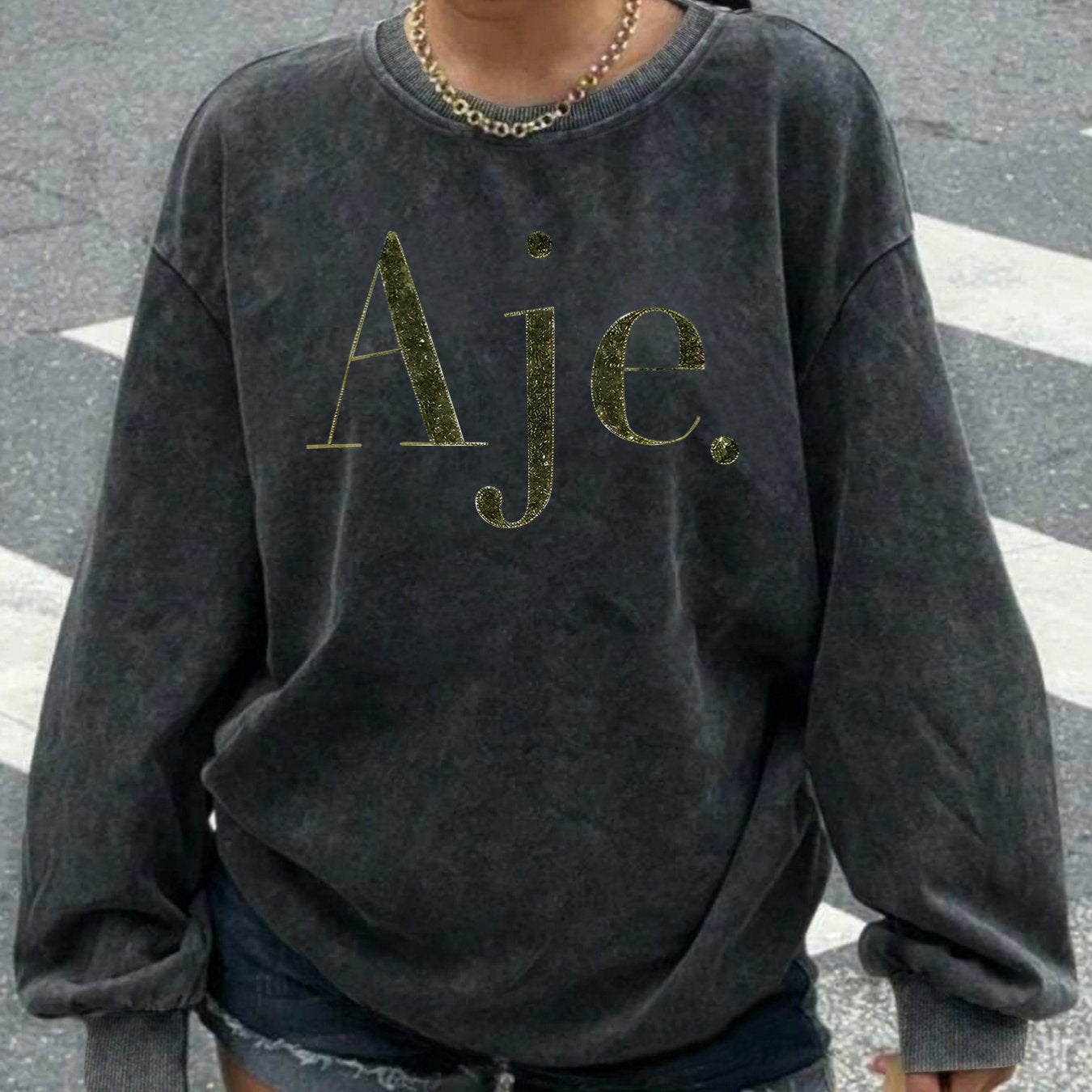 Women'S Casual Vintage Washed Sweatshirt with "Aje." Letter Print, Gray Crew Neck, Long Sleeves, Frayed Hem, Polyester Blend, Fall/Winter Collection, Casual Wear | Relaxed Fit Sweatshirt | Polyester Blend