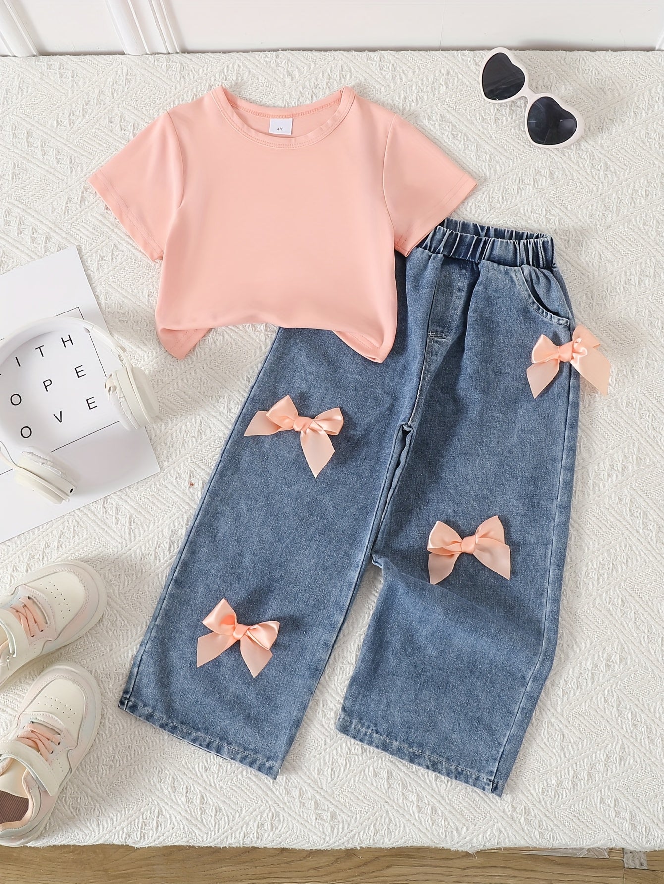 Girls' Pink Bow-Tie Denim Outfit - Short Sleeve T-Shirt & High-Waisted Pants with Adjustable Drawstring Waist, Soft Non-Stretch Fabric, Casual Spring Summer Fall Playwear, Denim Shorts for Girls, Spring Summer Clothing, Playful Design, Soft Fabric, Perfec