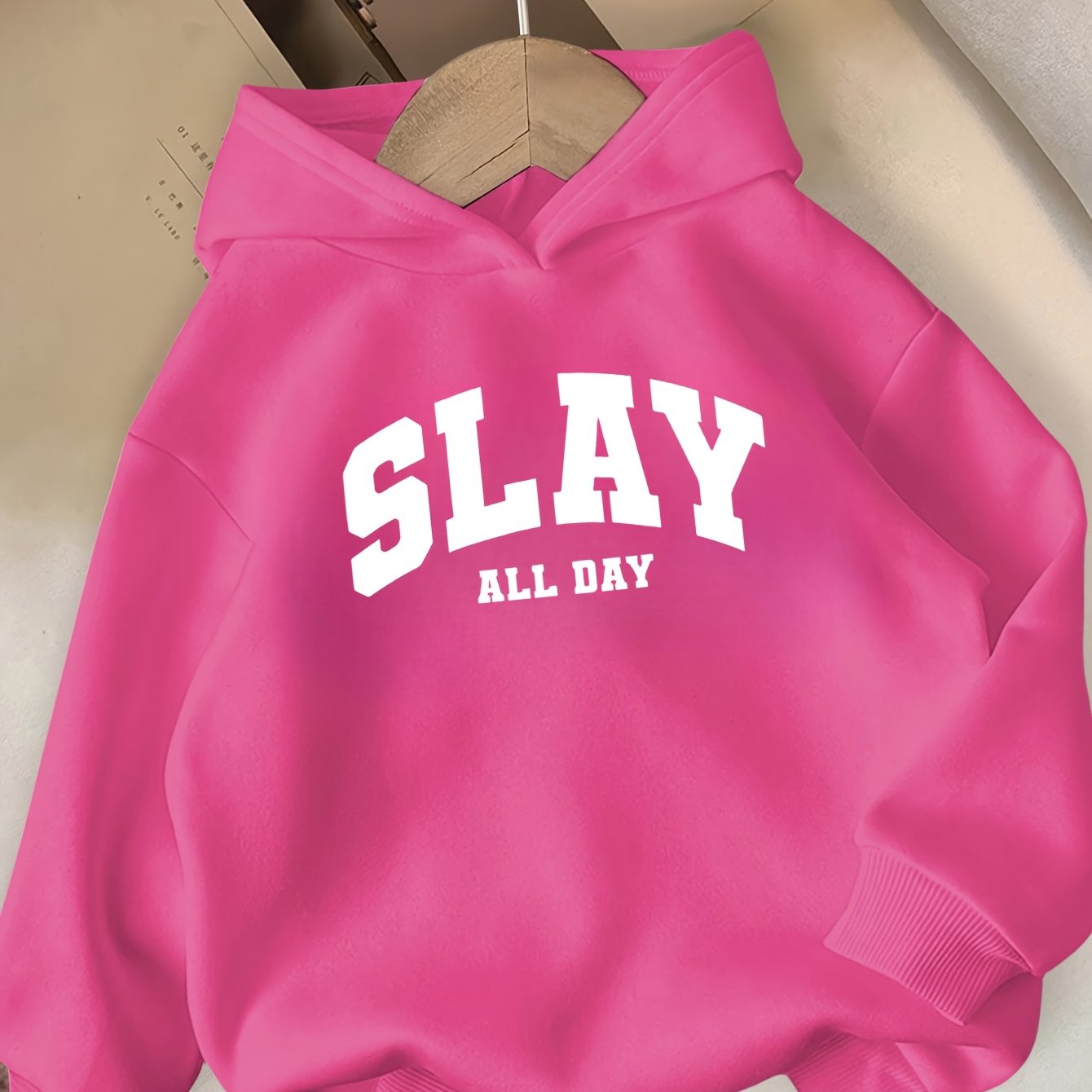 Girls' Pink "SLAY ALL DAY" Hooded Sweatshirt - Casual Long Sleeve Winter Pullover with Bold White Lettering, Regular Fit for Autumn & Winter, Winter Clothes for Girls, Comfortable Fit