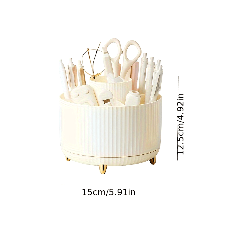 Round Multi-Compartment Rotating Pen Holder - Plastic Desk Organizer for Office Supplies and Cosmetics